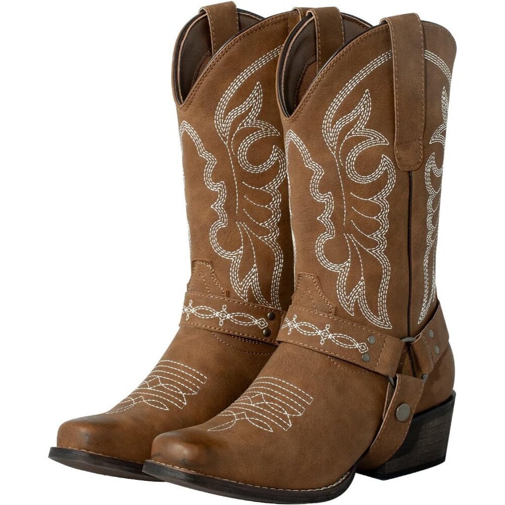 🆕Women's Brown Fashion Western Square Toe Booties With Removable Buckle Strap